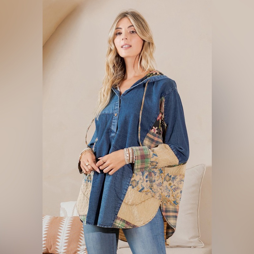 #199 🌸New! Boho Patched Denim Poncho Jacket Top - Picture 3 of 6